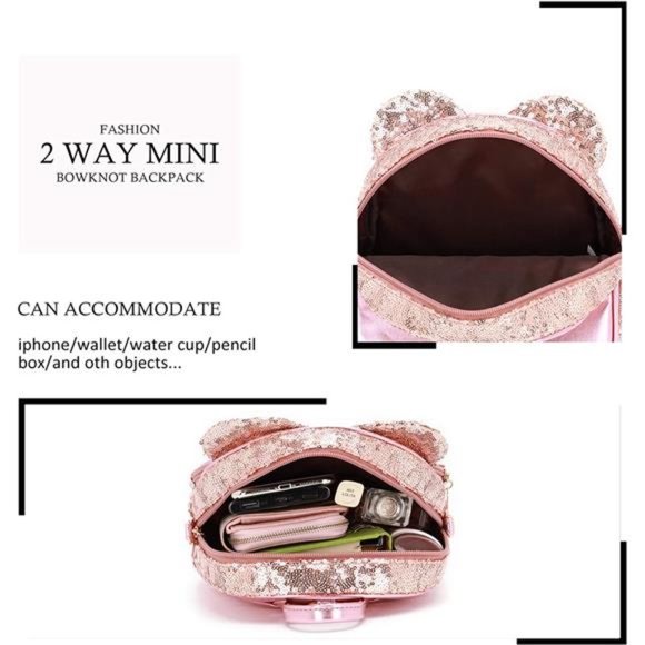 Girls Bowknot Cute Sparkly Mini Backpack Small Daypacks Convertible Shoulder Bag - Picture 2 of 6
